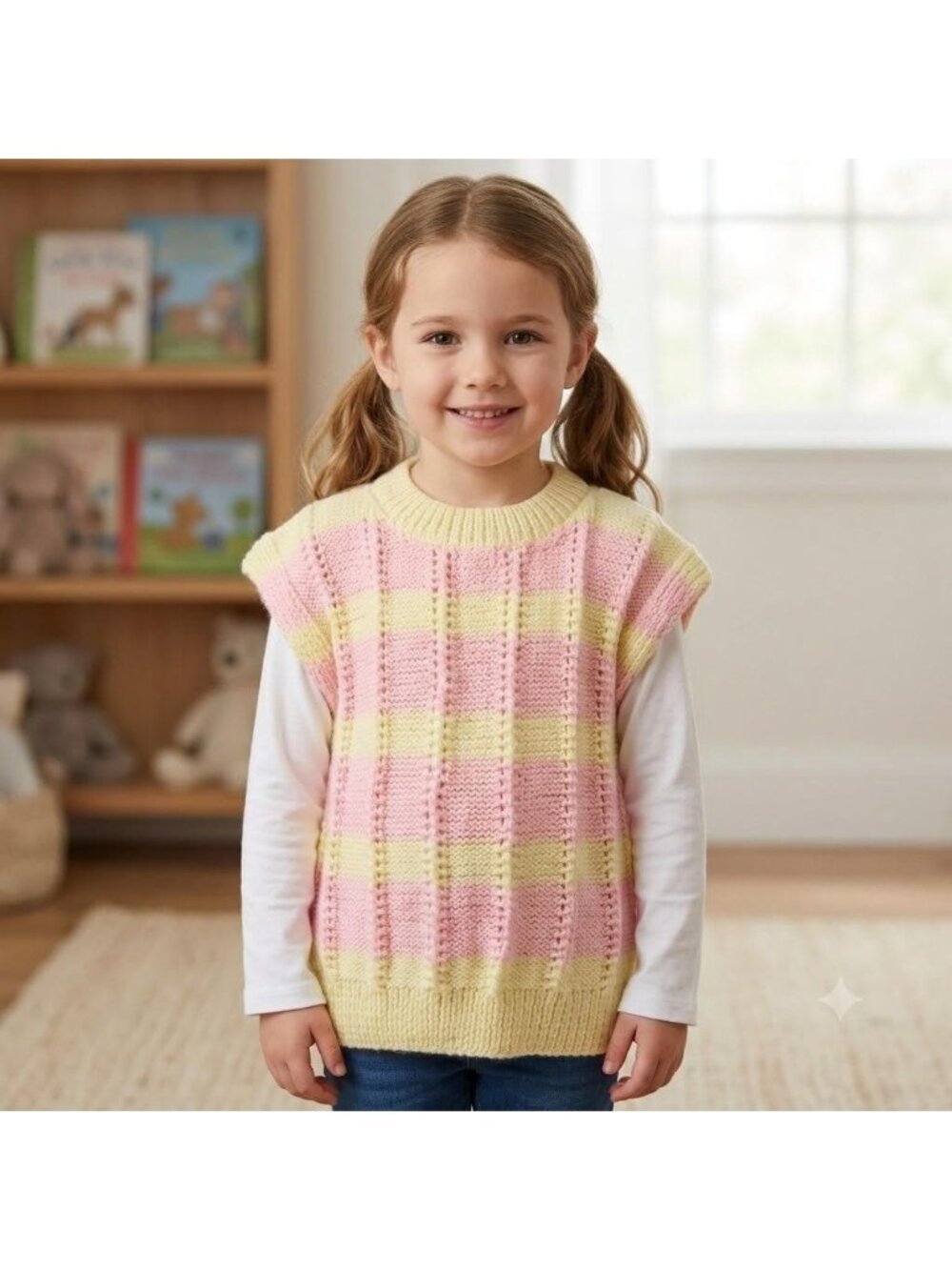 Hand Knit Girls Vest Yellow Pink Striped School Dance Play